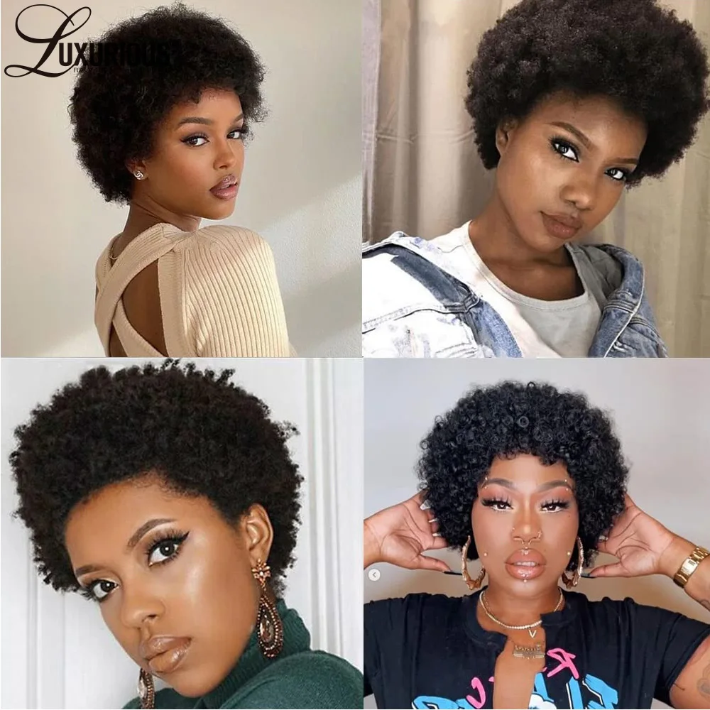 Pre Plucked Kinky Curly Machine Made Wigs For Black Women Wear And Go Pixie Cut Short Wig Brazilian Virgin Remy Human Hair Wigs