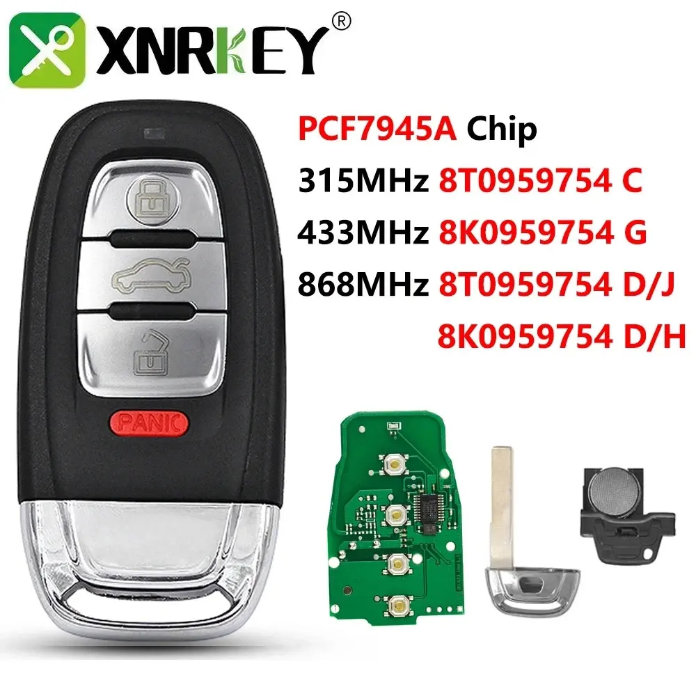 

XNRKEY For Audi Q5 A4L A5 A6 A7 A8 RS4 RS5 S4 S5 with Uncut Blade Car Key 4 Button Car Remote Key PCF7945 Chip 315/433/868Mhz