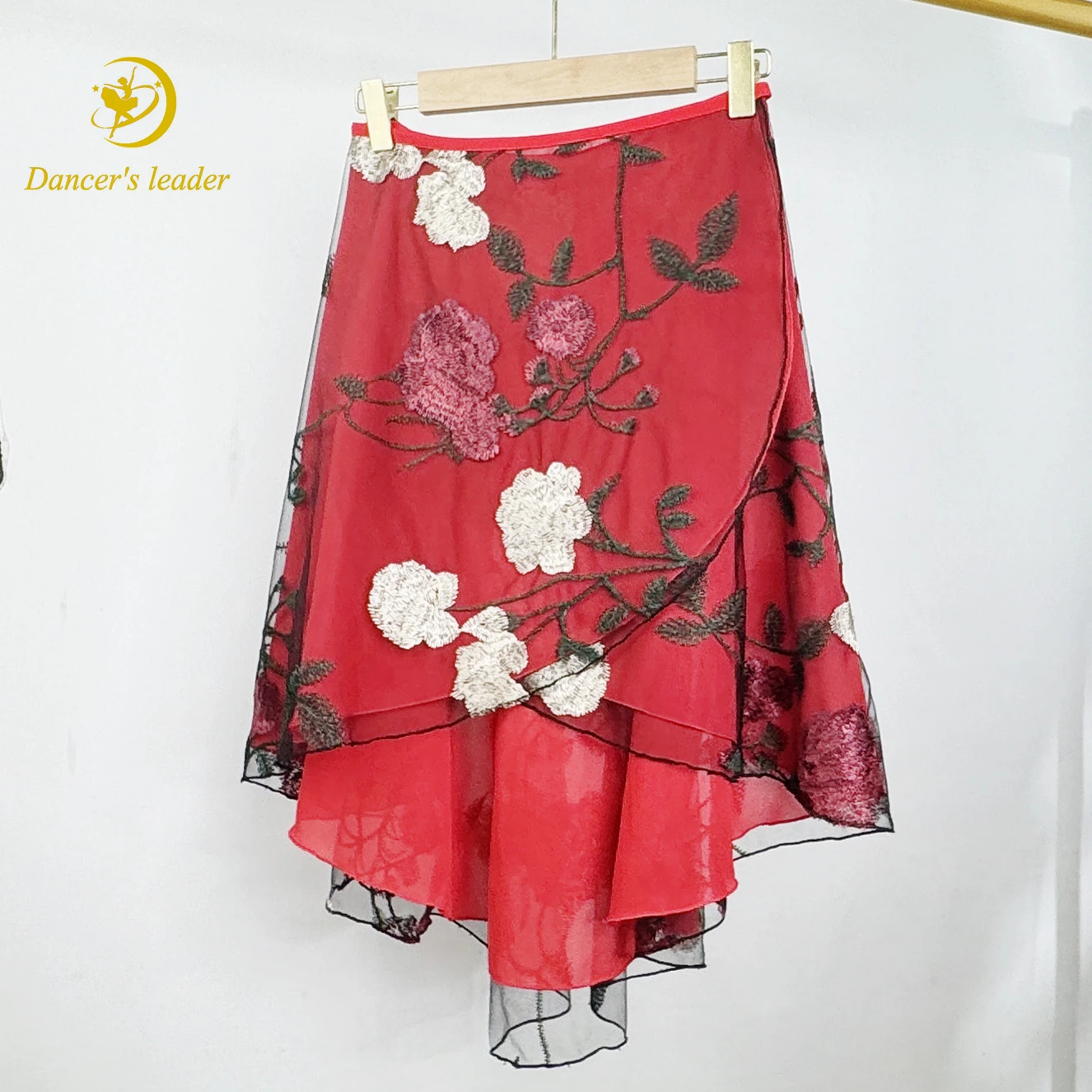 ballet-red-rose-embroidered-mesh-dance-skirt-gymnastics-practice-skirt-adult-women's-clothing-lyrical-skirt