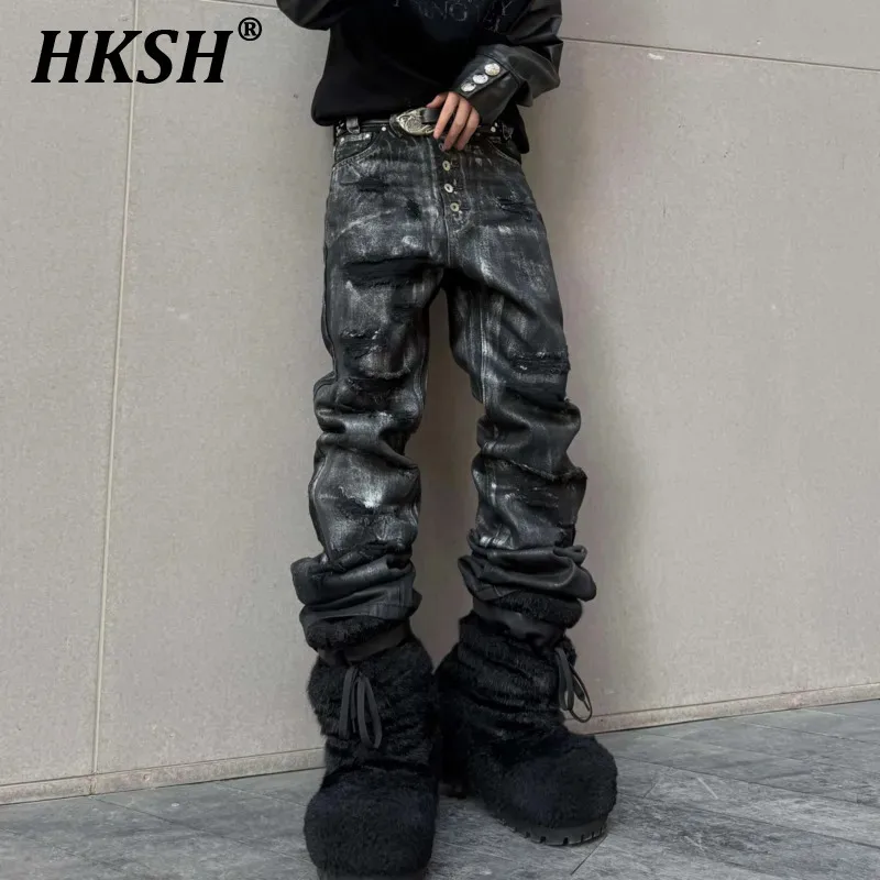 

HKSH Spring New Men Tide Darkwear Techwear Destruction Brushed Silver Waxed Denim Pants Micro Flared Heavy Chic Ins Jeans HK4559
