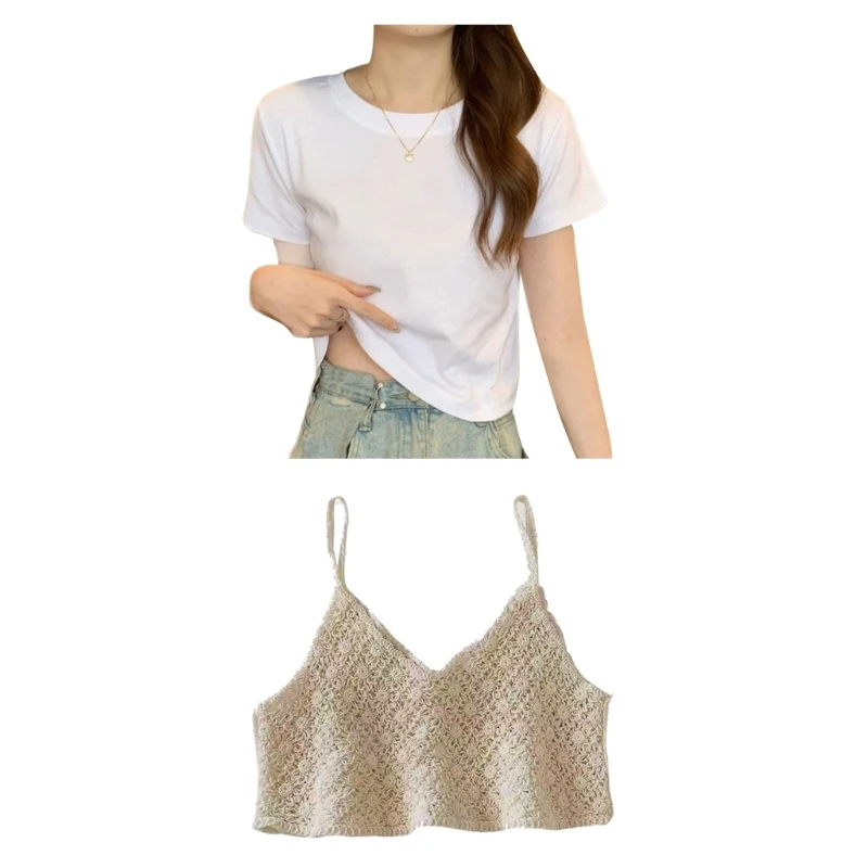 

Women O Neck Short Sleeve T-shirt Hollow Crochet Top Set Summer T Shirt Tops Casual Loose Tops Y2K Streetwear