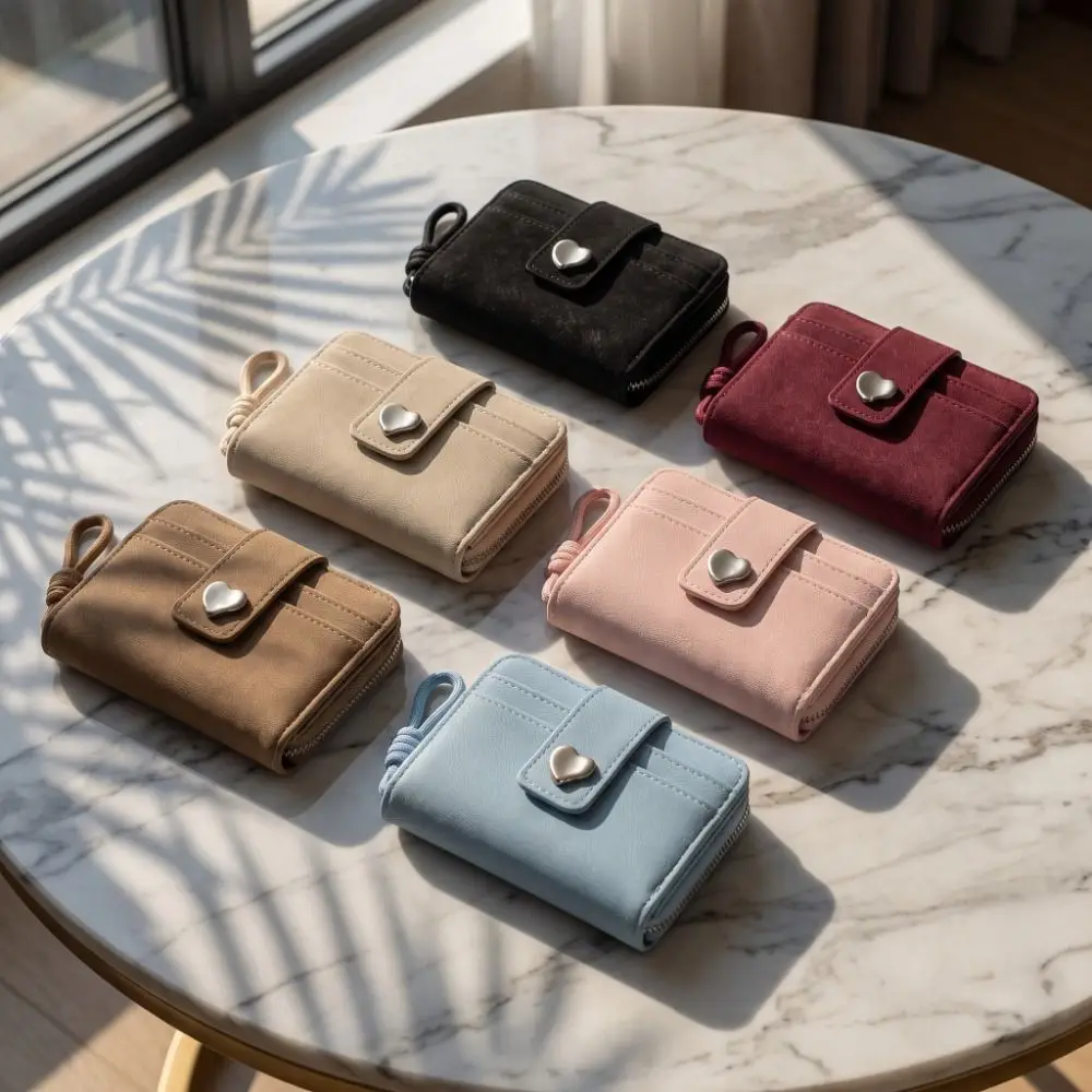 All-Match PU Leather Short Wallet Heart Buckle Multi-Functional Coin Purse Compact Size Solid Color Zipper Clutch Wallet Women
