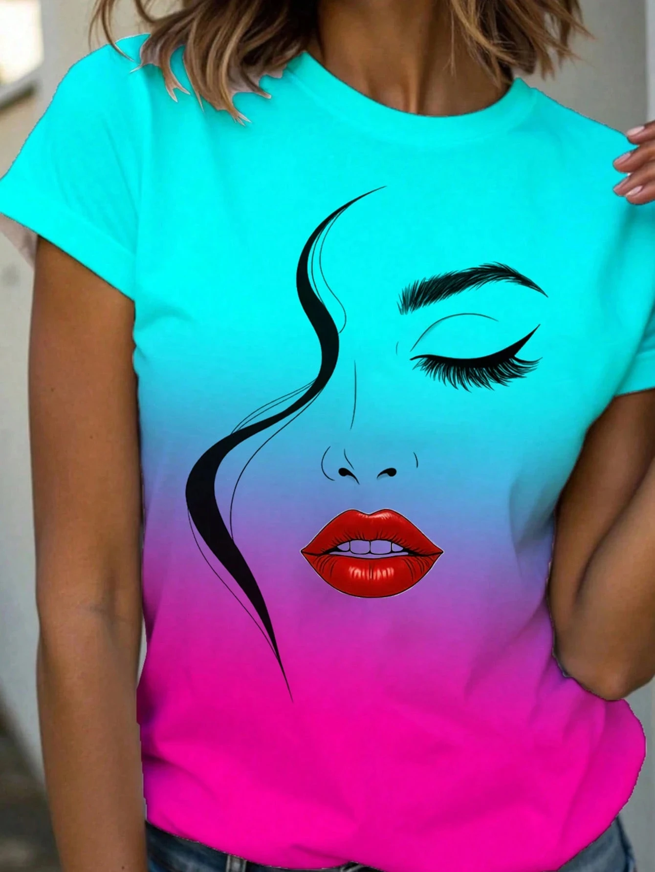 Abstract Face Gradient Color 3D Print T-Shirts Women's Casual Short Sleeve T Shirt O-Neck Tees Harajuku Y2K Tops Female Clothing