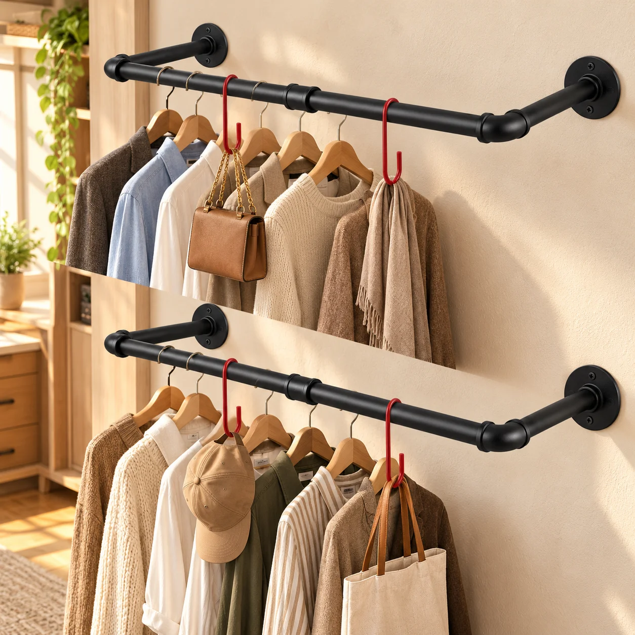 2 Pack Industrial Pipe Clothes Rack, 36.2in Wall Mounted Garment Hanging Rod with 4 Hooks, Black Iron Closet Bar