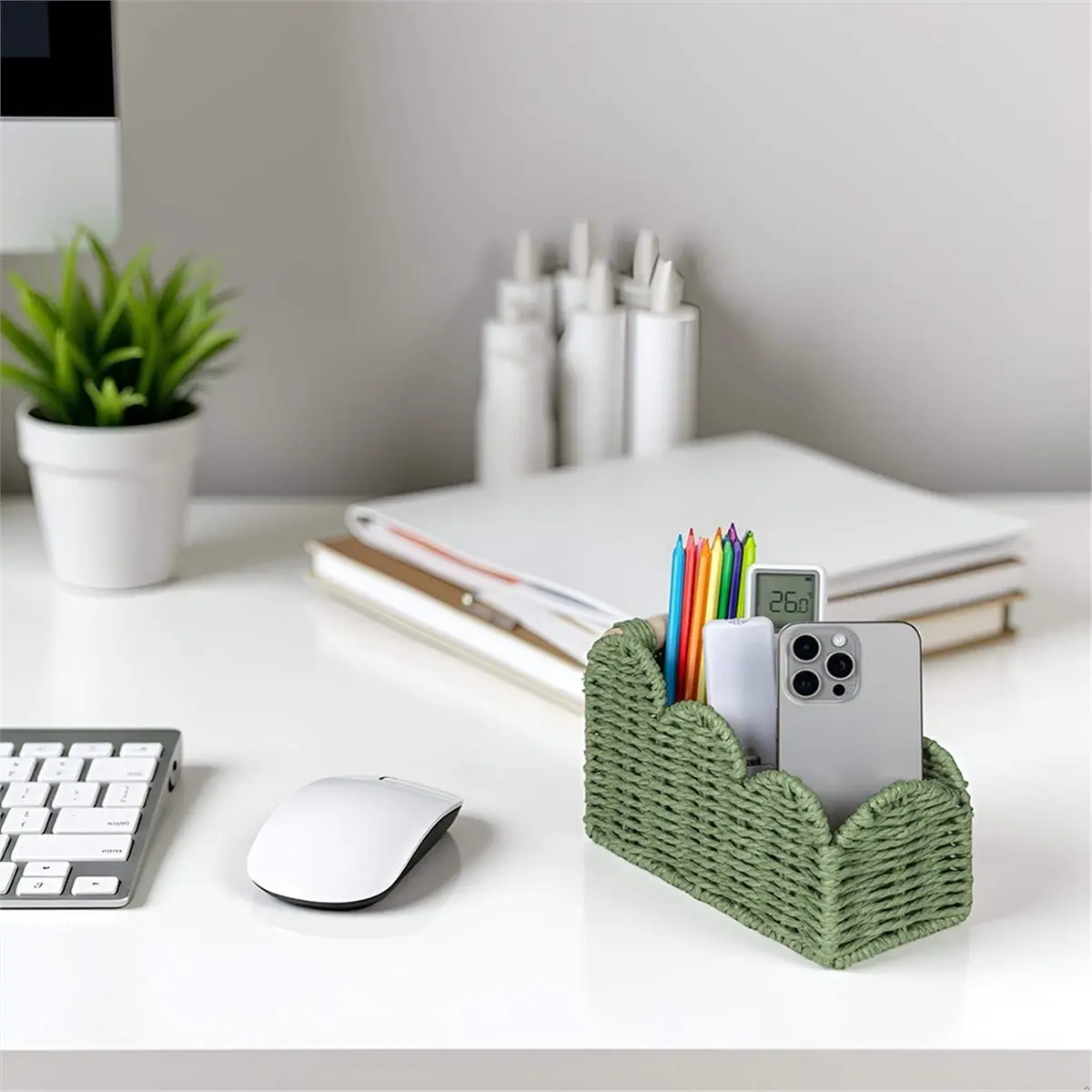 Bedside Table Desk Organizer ,Remote Pen Pencil Holder Cup /Makeup Brush Holder with/Scalloped for Home Green