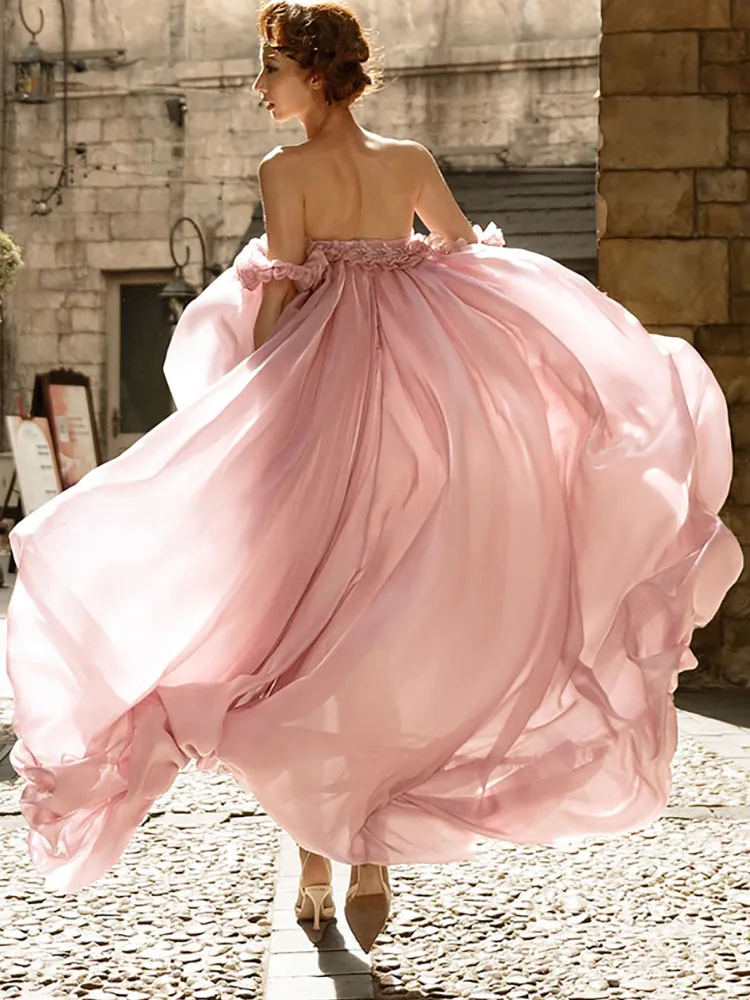 

Elegant Off Shoulder Pleated Evening Dress Cocktail Party Solid Color Women's Long Dress Casual Strapless Irregular Dress Mujer