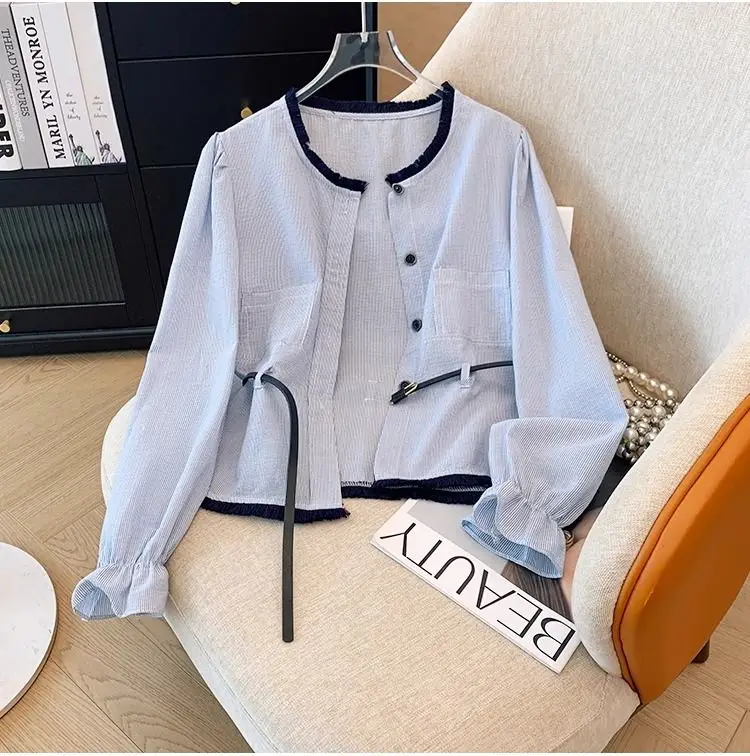 Blue Retro Fringed Small Fragrant Style Long Sleeved Shirt Women Early Autumn New Style Reducing Age Unique Chic Slim Fit Top