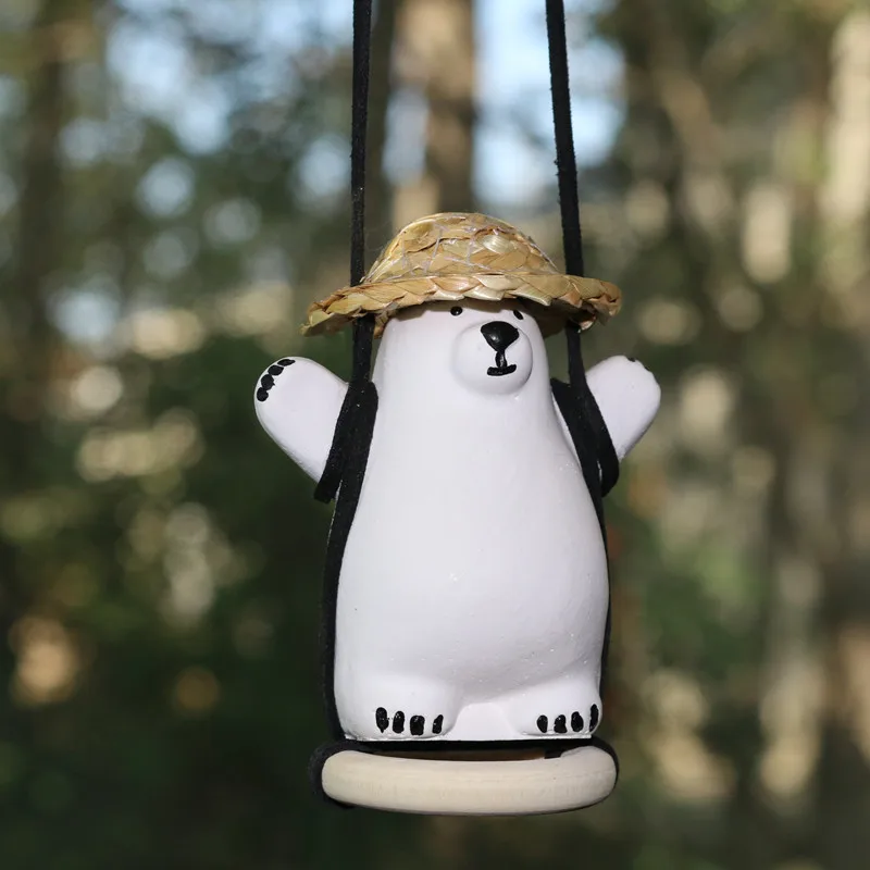 Cute Polar Bear with Straw Hat Car Pendant Auto Rearview Mirror Ornament Car Decoration Auto Interior Accessories