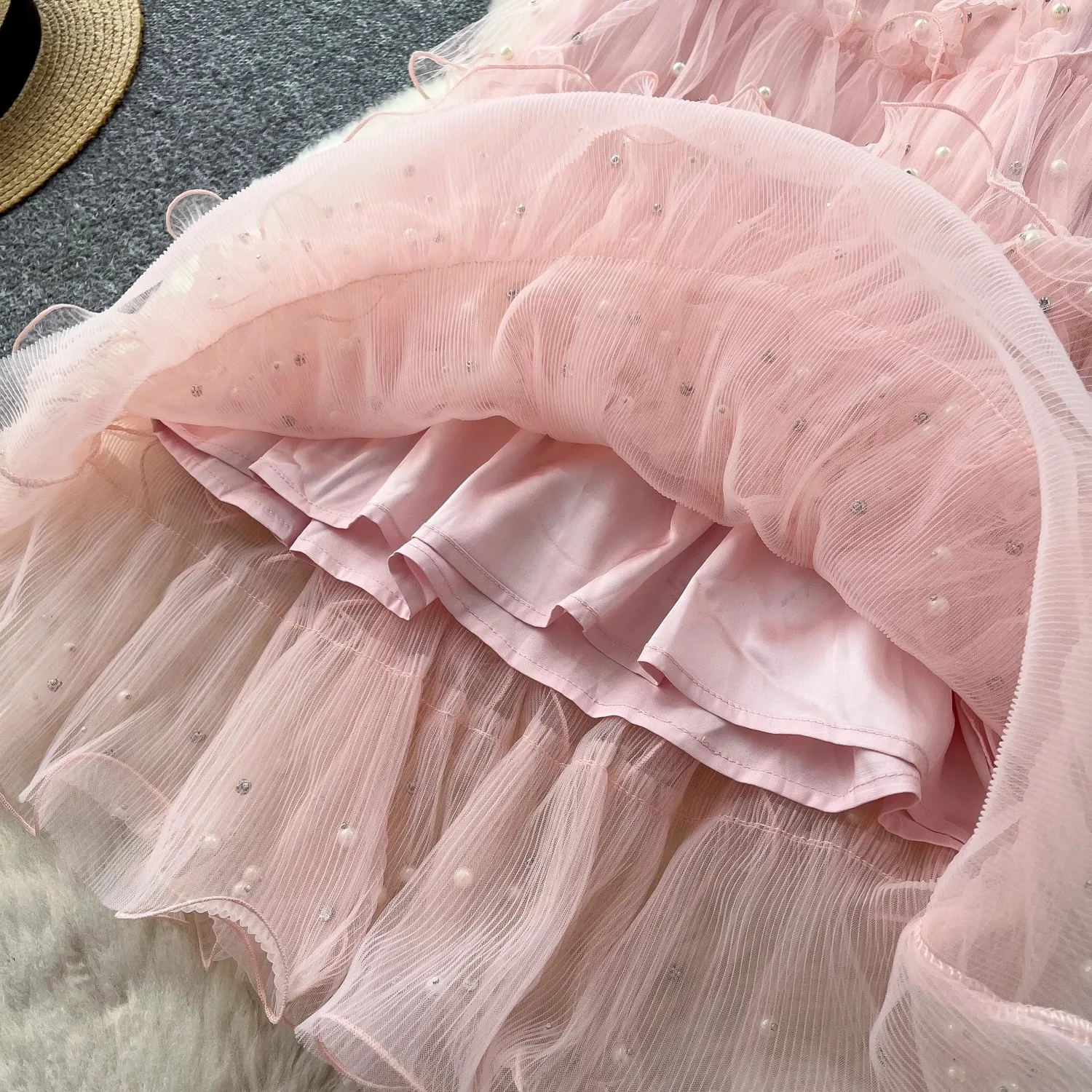 Roze mesh jurk dames kralen diamanten mouwloze zomervakantie feest vestidos bodycon streetwear chique kleding dame