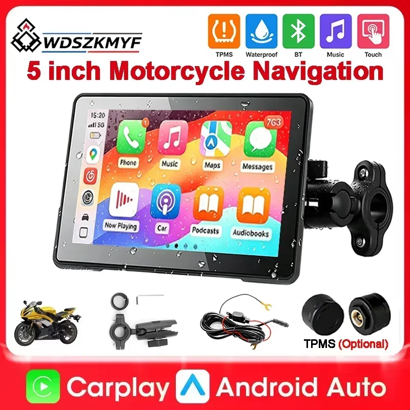 5 Inch Motorcycle Wireless Carplay Screen Dual Bluetooth IP67 Waterproof GPS Navigation Display Helmet Intercom Moto Accessorie