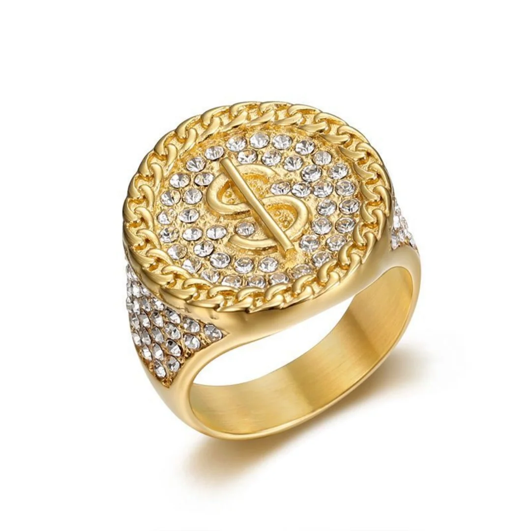 

Hip Hop Iced Out Dollar Sign Ring 22mm Chunky Gold Color Stainless Steel Crystal Zirconia Big Round Rapper Rings for Man Jewelry