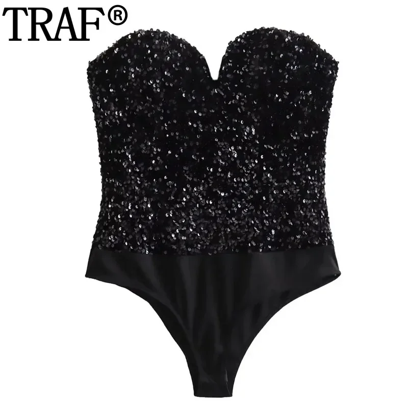 TRAF Black Bodysuit For Women Off Shoulder Sexy Body Woman Backless Glitter Sequin Bodysuit Lingerie High Cut Thong Bodysuit