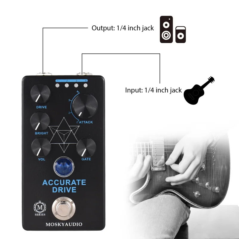 MOSKYaudio ACCURATE DRIVE Guitar Drive Bass Effects Pedal Volume/Bright/Drive/Gate/Attack-4 Mode 6.35mm Input/Output True Bypass