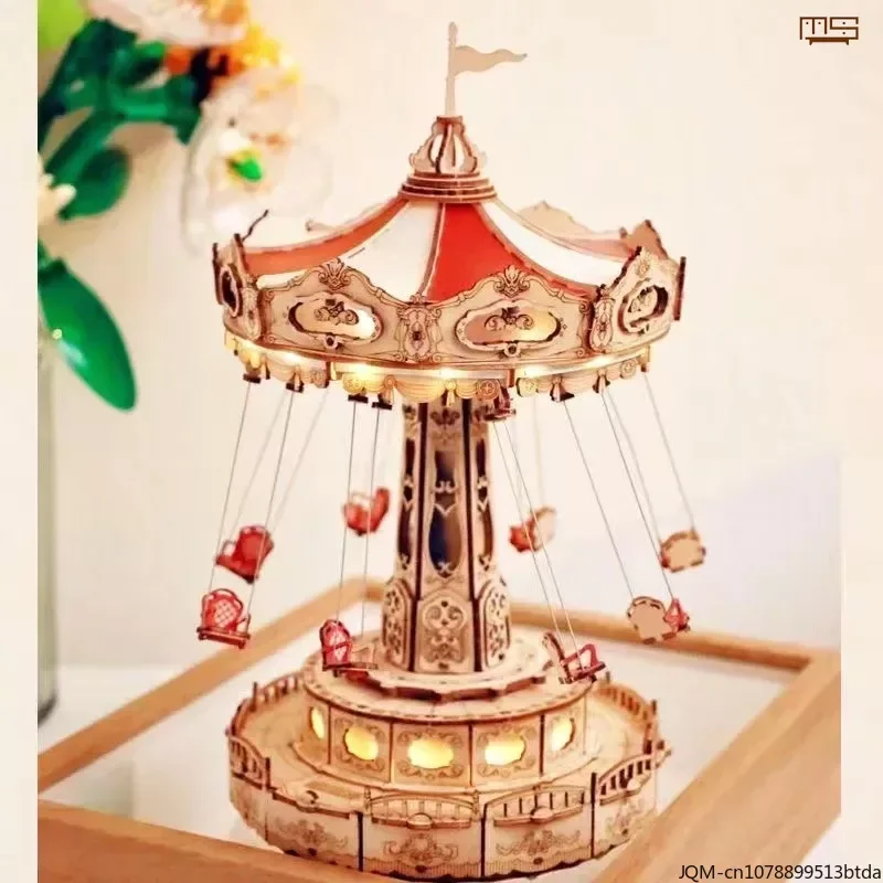 Fairy Tale Decorative Ornaments Light and Sound Concerto Wooden Mechanical Model Carousel, Rotating Cup, Flying Chair