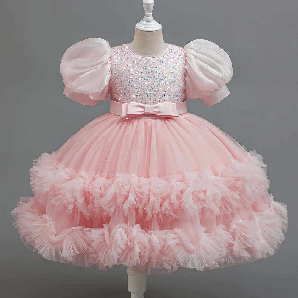 

HETISO Summer Sequin Lace Wedding Dress for Girls Puff Sleeve Fluffy Mesh Children's Ball Gown 8 10 12 Years