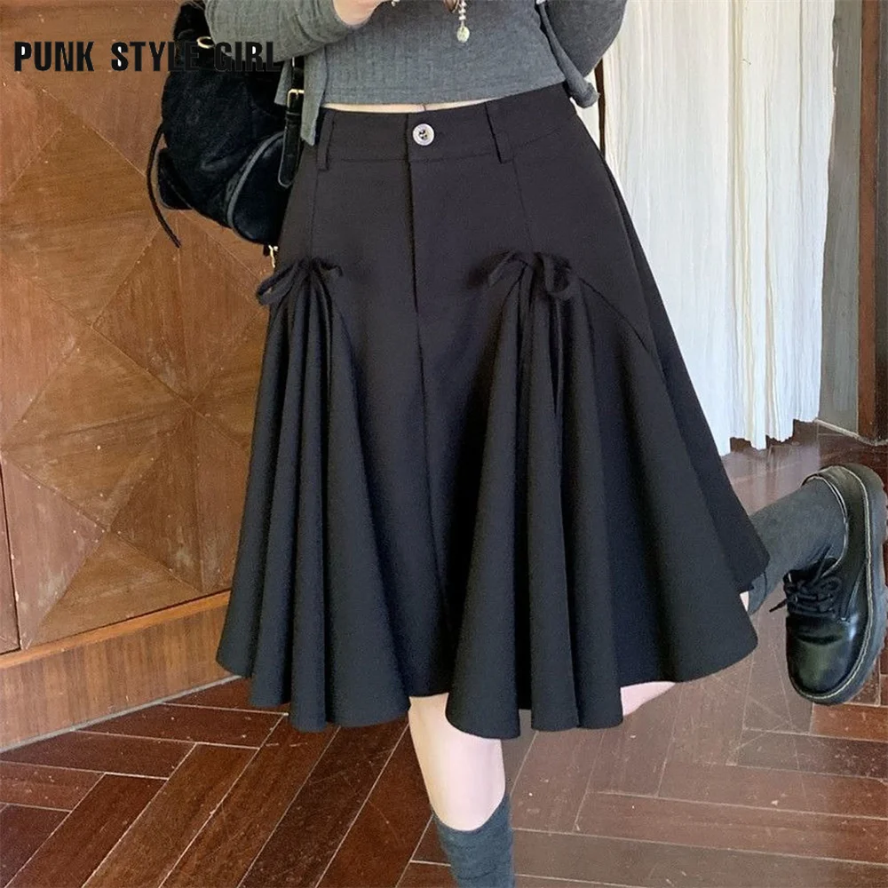 

Solid Retro Vintage Fashion Patchwork Black Pleated Midi Long Skirt Women's Clothing High Waist Harajuku Korean Style Skirts