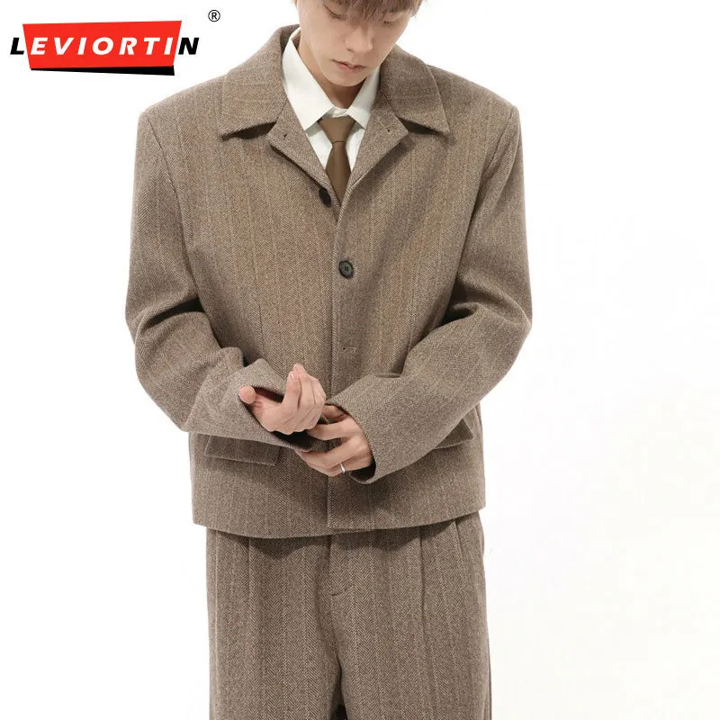 Men's 2024 autumn collection new Korean style lapel high-end solid color versatile woolen casual loose suit set M5-EP-3012