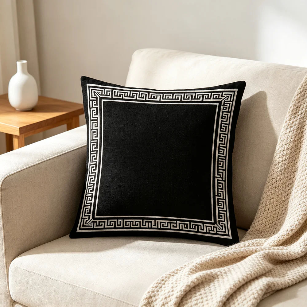 1PC Black White Greek Key Border Print Pillow Cover, Classical Style, Double Sided Cushion Cover, Digital Print, Sofa Home Decor