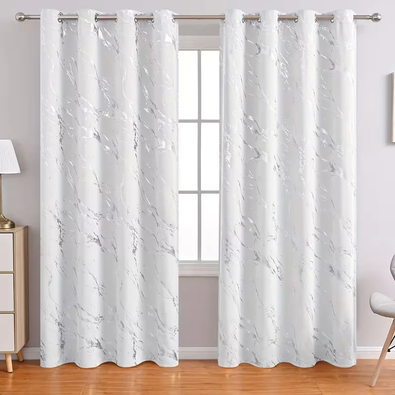 1pc Marble Texture Silver Color Curtains, Luxurious Light Blocking Design, Modern Minimalist Style for Bedroom & Living Room