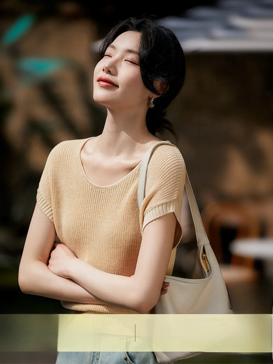 

Xhange Spring 2026 Women's Linen Silk Knitted Top Breathable Casual Low Collar Hollow out Simple Design Comfortable OL Sle