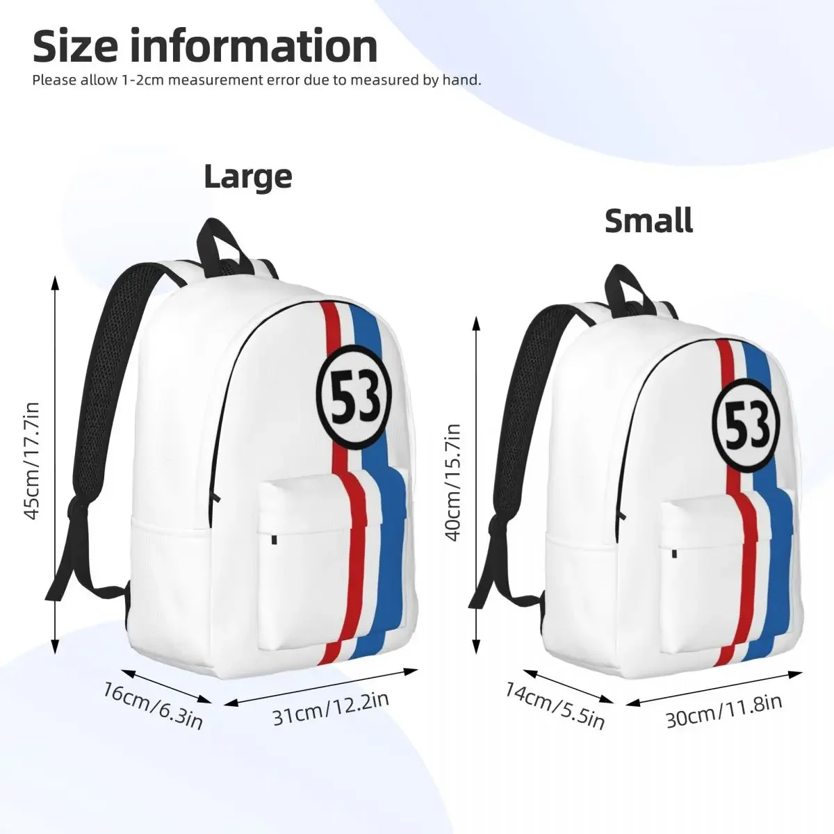 Herbie 53 Old Car Race Racing for Teens Student School Bookbag Canvas Daypack Middle High College Shoulder Bag for Hiking