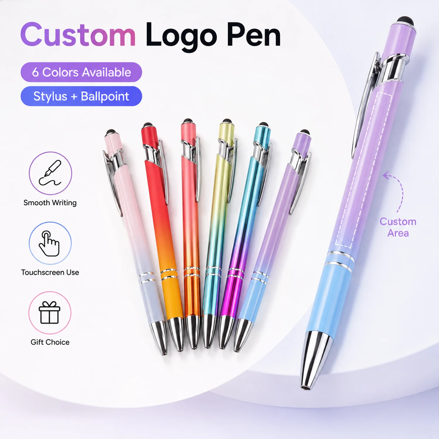 2 in 1 Stylus Pen Ballpoint Touch Screen Custom Logo Pen 6 Color Options Smooth Writing Gift for Business School Home Office