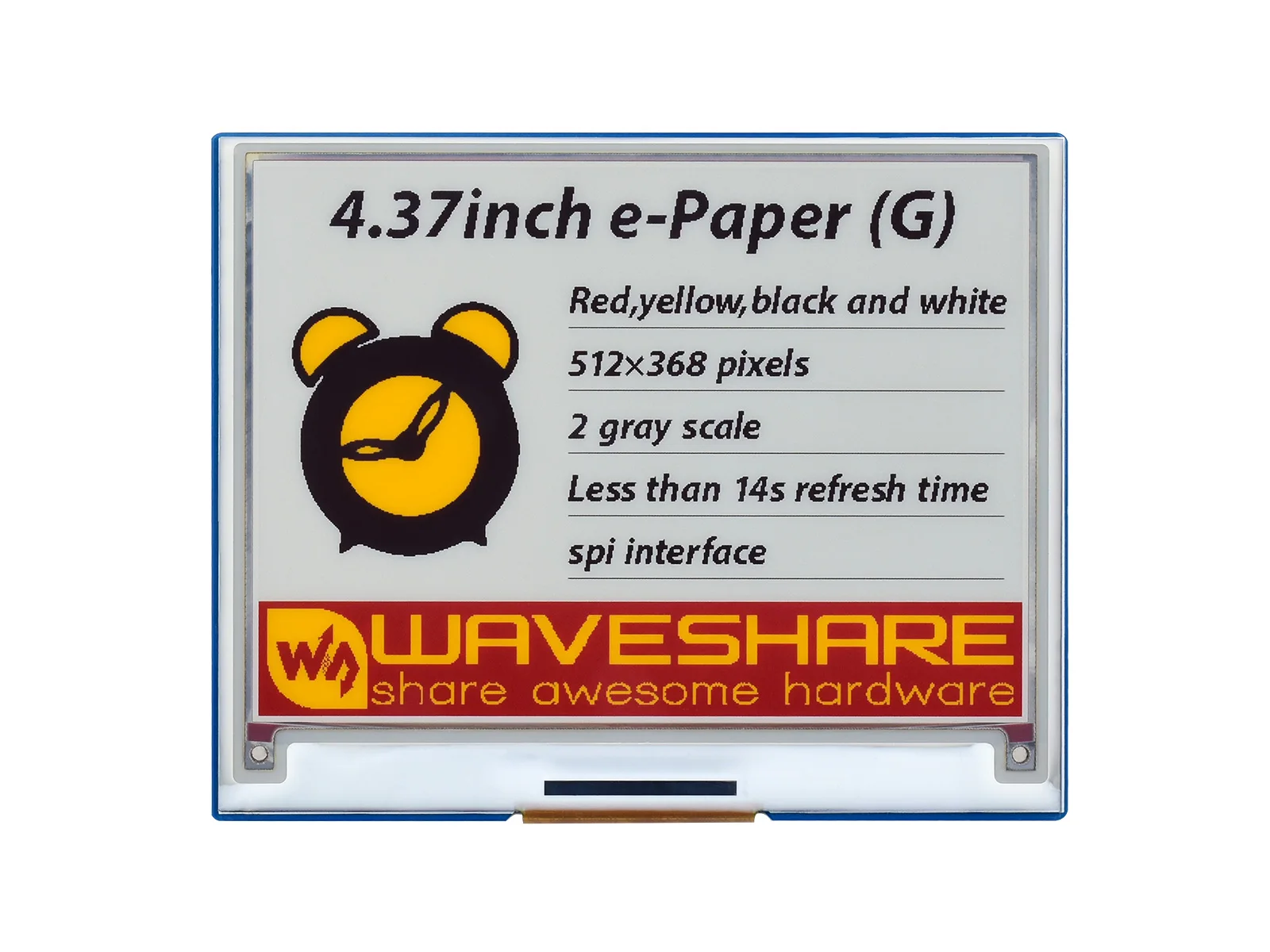 

4.37inch E-Paper Module (G), 512 × 368, Red/Yellow/Black/White,Ideal for price tags, shelf labels, industrial instruments...