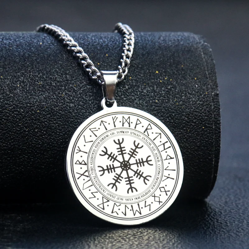 Nordic Style Viking Laser Carving Rune Norway Divination Compass Magic Circle Necklace Stainless Steel Round Amulet Pendant