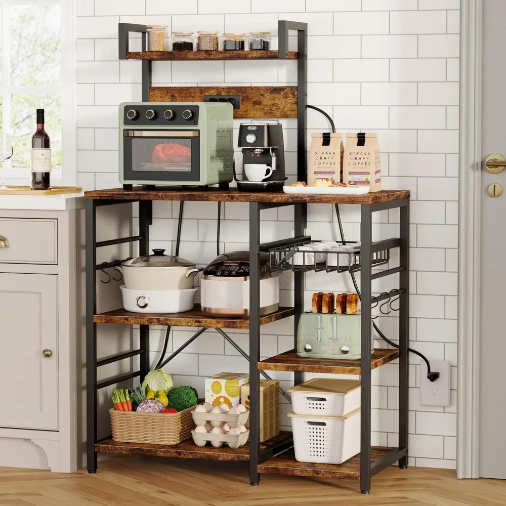 

Bakers Rack with Power Outlet, 16.5" D x 35.4" W x 50.6" H 6-Tier Kitchen Cart with Storage Microwave Cart with 6 S-Hooks