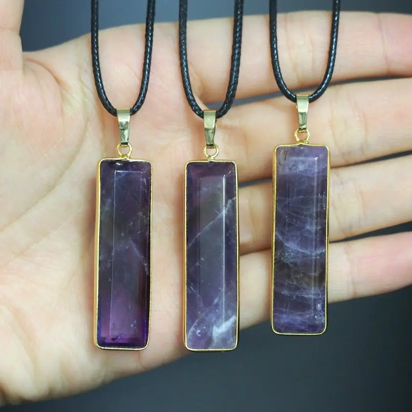 

Bezel Necklace Rope Leather Dog Tooth Amethyst Rectangle Square Gold Color Setting Edge 20inch