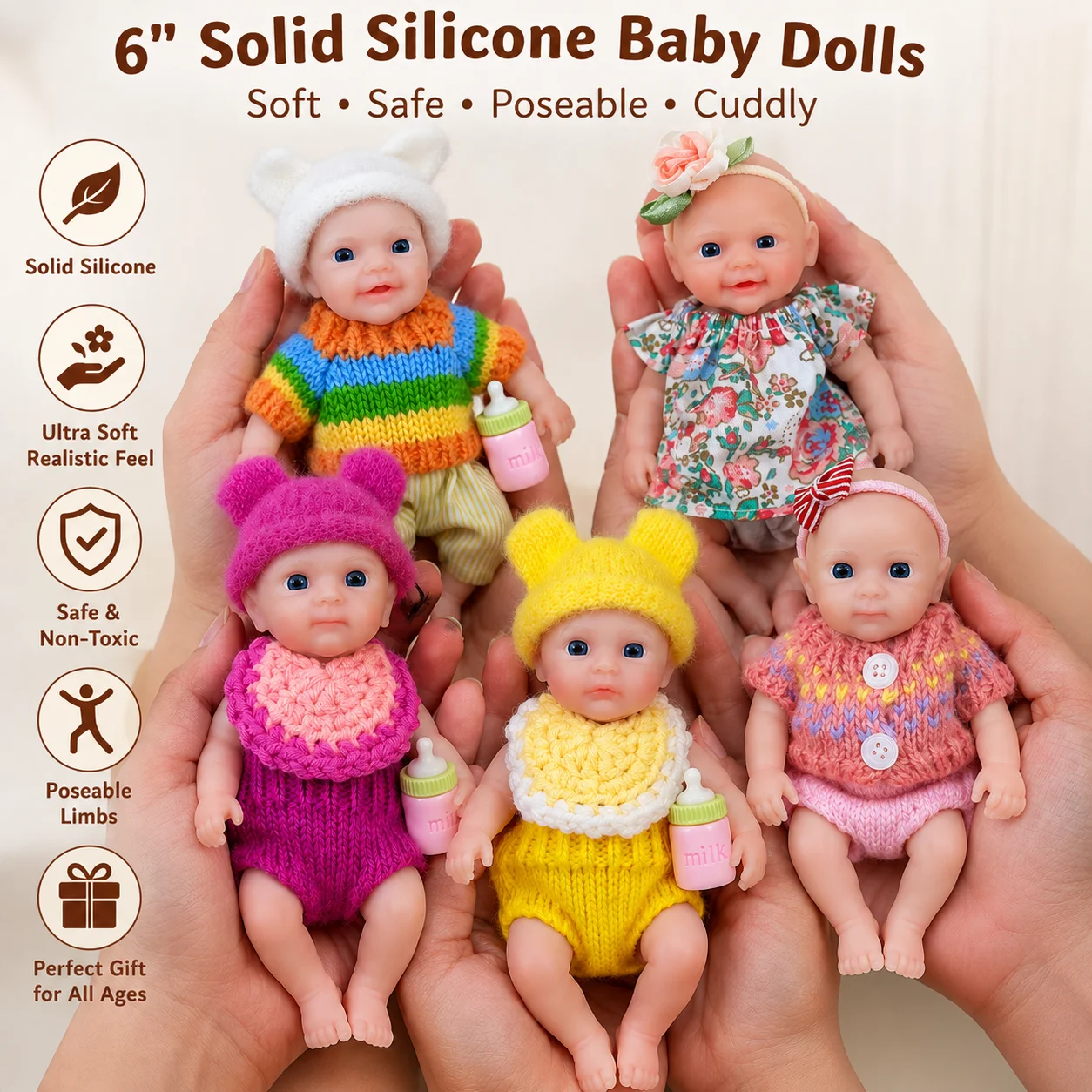 1Pc 6 Inch Full Body Silicone Reborn Doll Open Blue Eyes Lifelike Soft Solid Silicone Washable Doll Toy Birthday Gift