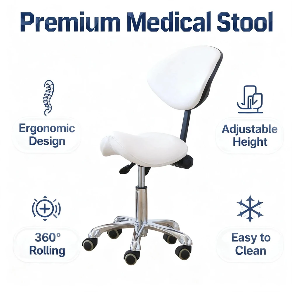 Professional Tilt Ergonomic Split Seat Style Saddle Stool with Backrest Adjustable Height Rolling Swivel for Dentist Clinic Lab