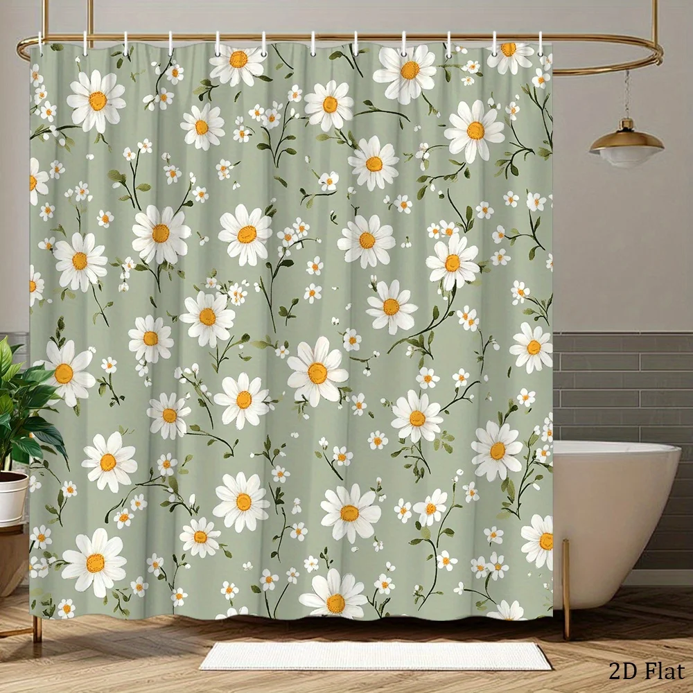 1pc Daisy Chain Shower Curtain White Yellow Flowers Green Background Vintage Style Bathroom Decor 70.8 X 70.8 Inches with 12 Hoo