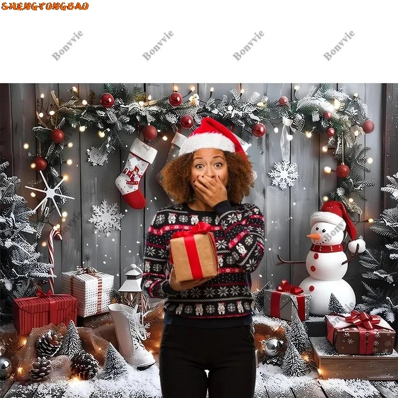 Bonvvie feliz natal pano de fundo árvore de natal presentes boneco de neve família festa decoração fundo photocall fotografia para estúdio foto