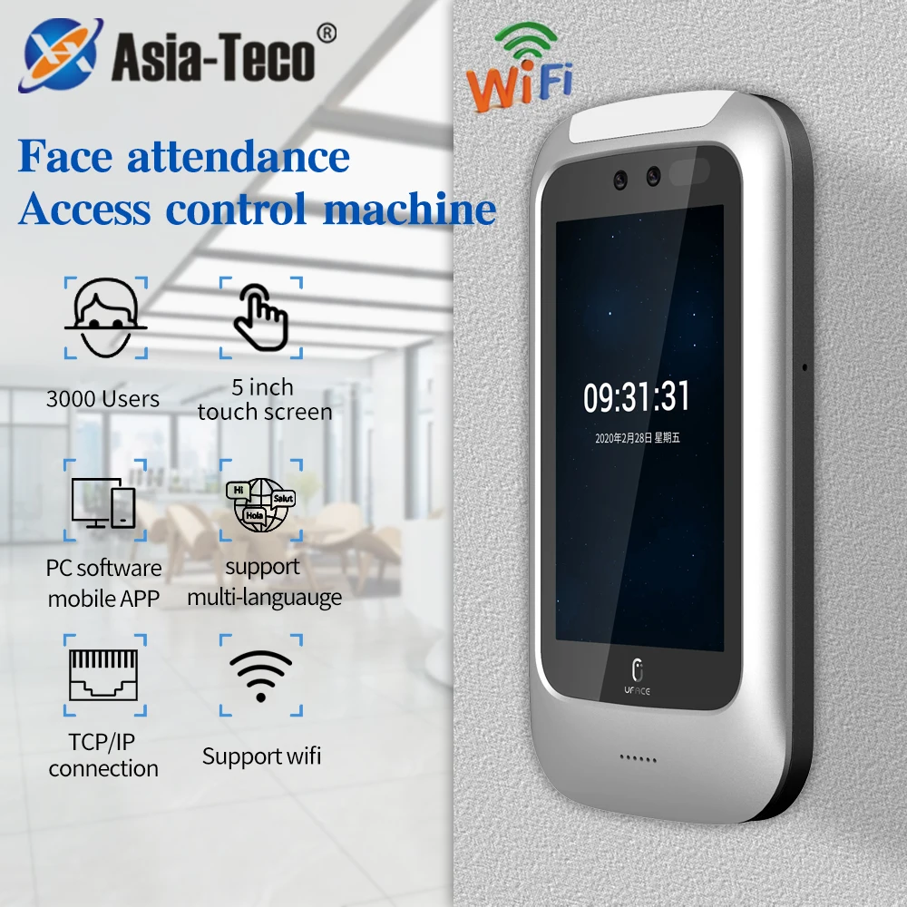 

3000Users 5inch Dual-core ARM Touch Screen Living Face Recognition Attendance Device Support WiFi PC Software/Cloud TCP IP APP