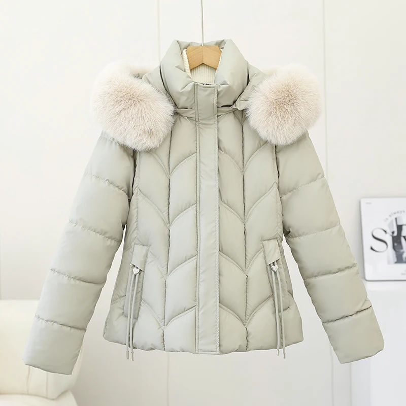 

Detachable Hat Thiened down Cotton Jaet Women's Faion ort Winter Coat Slimming Top Warm Fluffy Collar Zipper Closure