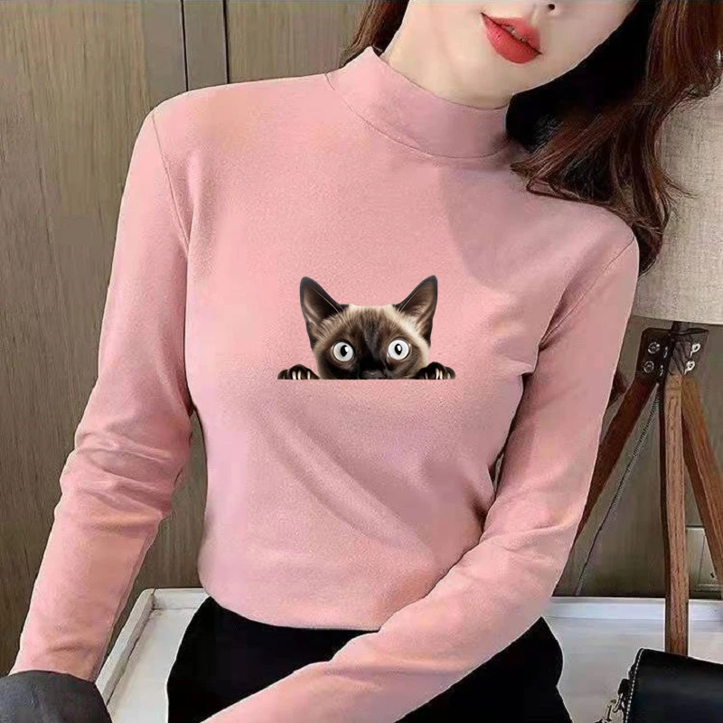 2026 New Autumn Winter Thermal Brushed Fleece Long Sleeve Graphic Print T shirt Blouses Female Warm Shirt Women Top