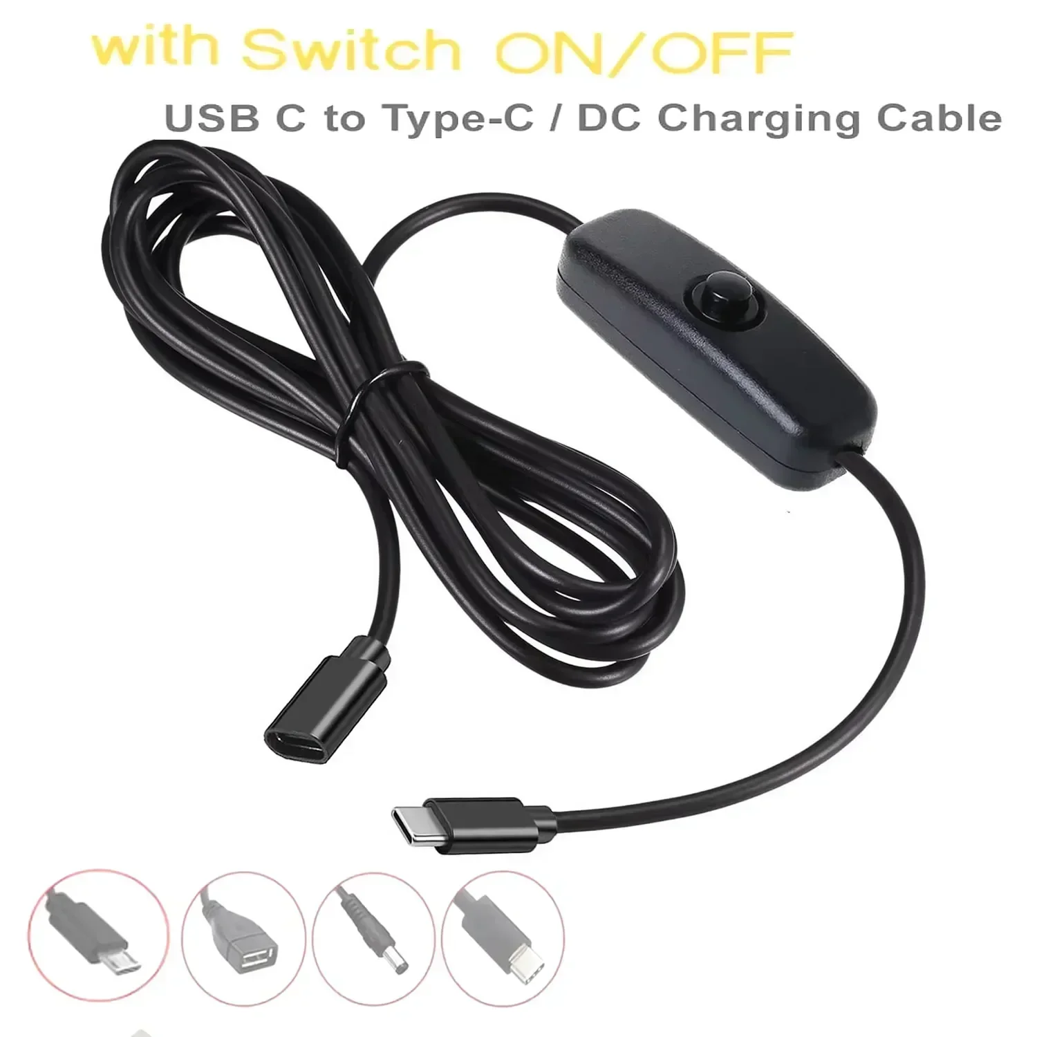 Type C Switch Cable USB C Male to Female Extension Cable with On/Off to Micro USB DC 5.5x2.1 Adapter for Phone LED USB Fan etc