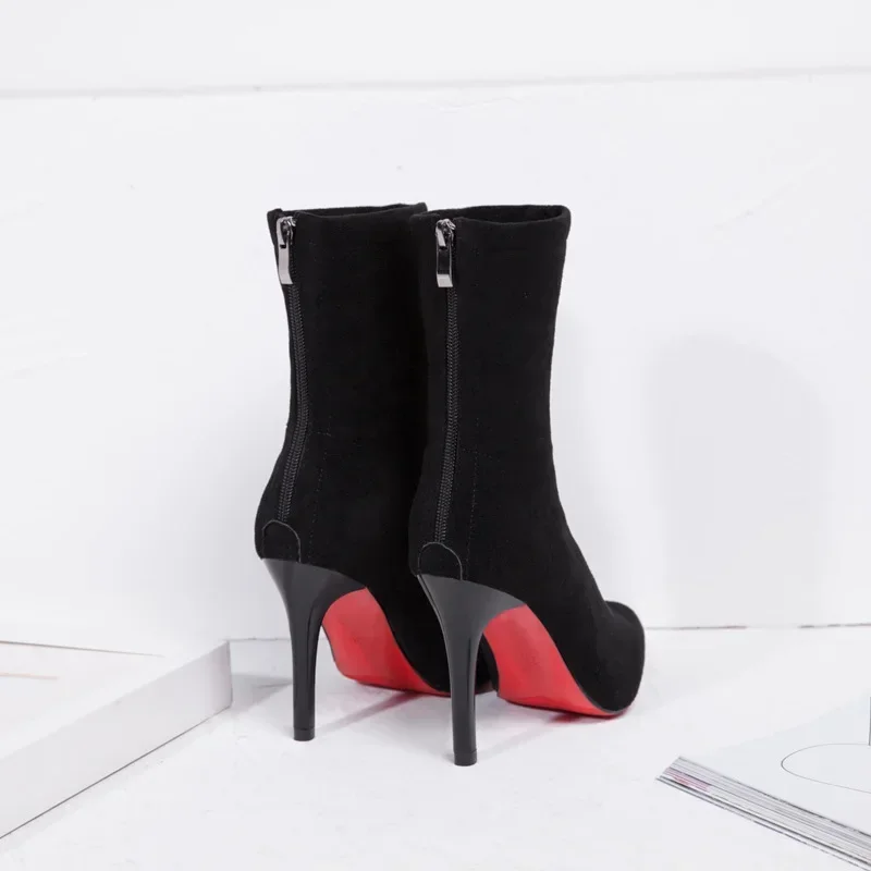 Fashion Women Boot Mid Calf Flock Autumn Winter New Elegant Casual Pointed Toe Back Zipper Chelsea Boot Stiletto Women Shoe