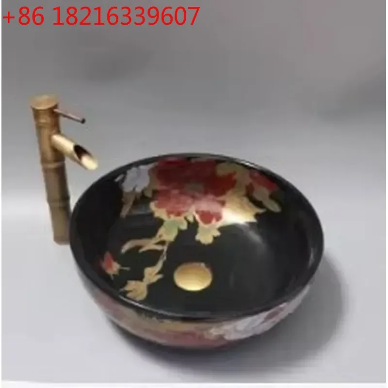 YAO Jingdezhen Ceramic Art Basin Hotel Wash Basin Golden Luxury Round Countertop Sink