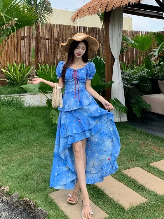 

Новое летнее женское платье больших размеров синего цвета с цветочным принтом, с открытыми плечами, на бретельках, с завышенной талией, асимметричное, длинное, для повседневной носки