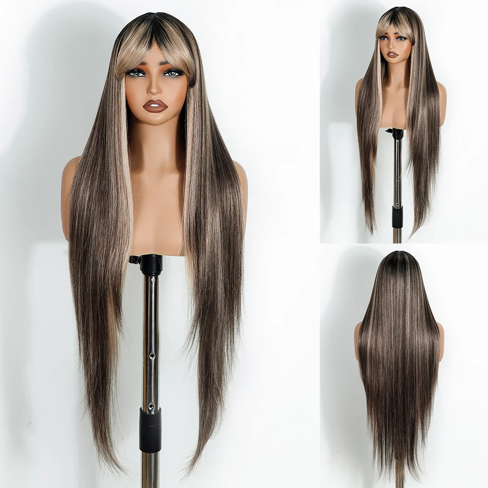FREEDOM – Synthetische, lange, glatte Perücke mit Pony – Synthetische Perücken für Damen – Weiße, blonde Ombre-Perücke – Hitzebeständige Faser – Cosplay-Perücken. – Detail 2