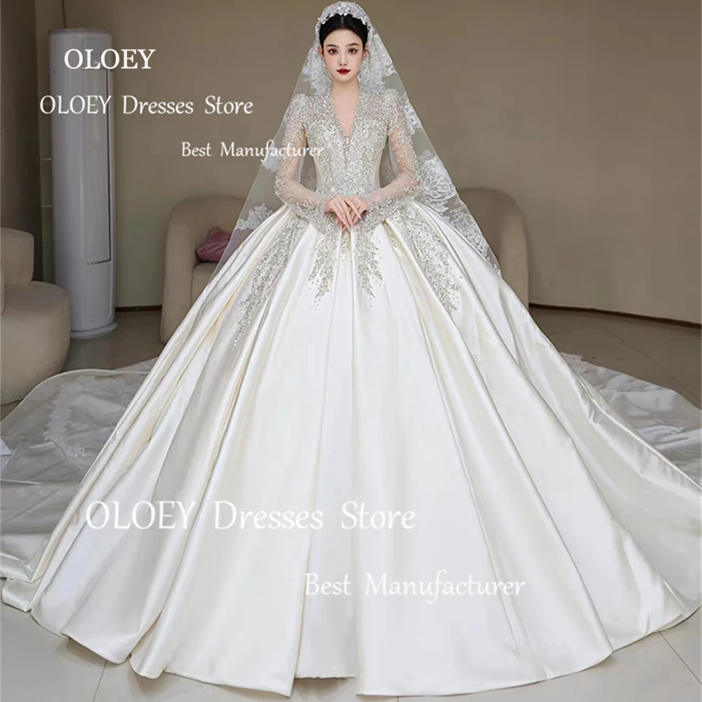 

OLOEY Exquisite Ivory Wedding Dresses Photoshoot Glittery Beading Crystal V-Neck Bridal Gowns Long Taffeta Quinceanera Dresses