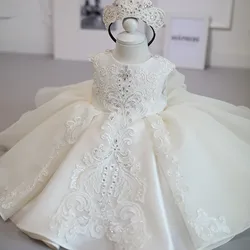 Abito da compleanno formale bianco da 1 anno per vestiti da bambina con fiocco, abito da principessa per battesimo, perline eleganti, abito da festa per ragazze, Vestido 0-4 anni