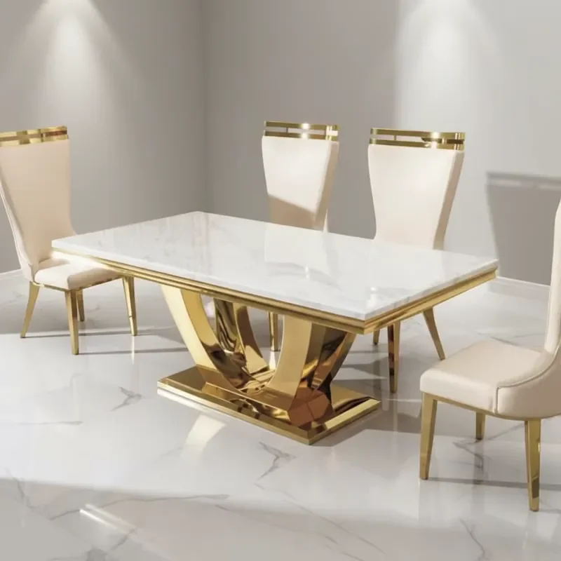 Contemporary Apartment Hotel Home Furniture Modern Design Marble Top Dining Table Set 6 Chairs with Metal Leg