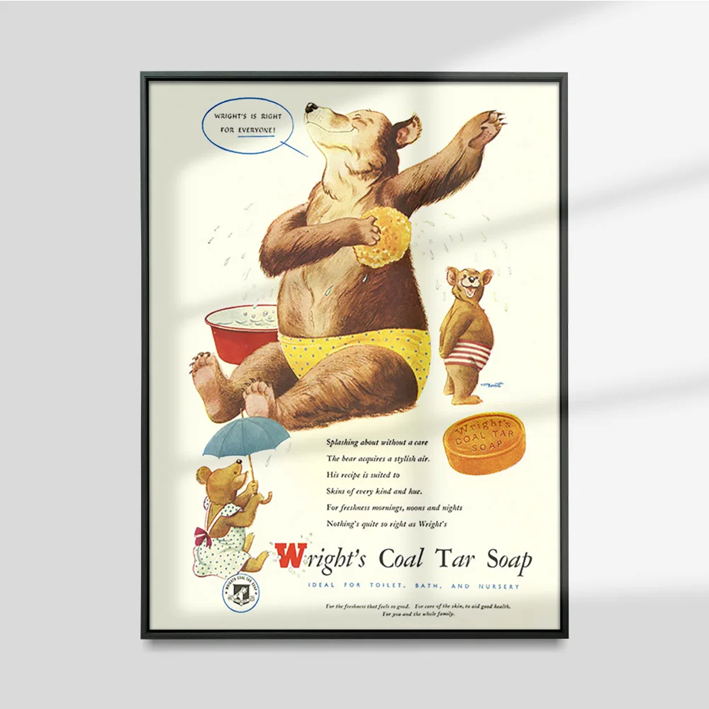 Bathing Bear Soap Advertising Art Print Poster Animal Cartoon Canvas Painting Vintage Wall Stickers Decor