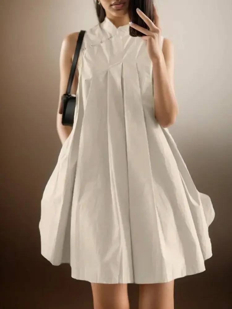 ZANZEA Elegancka sukienka bez rękawów A-line Vestidos 2024 Nowa chińska sukienka damska Plisowana sukienka imprezowa Vintage Fashion Mandarin Collar Robe