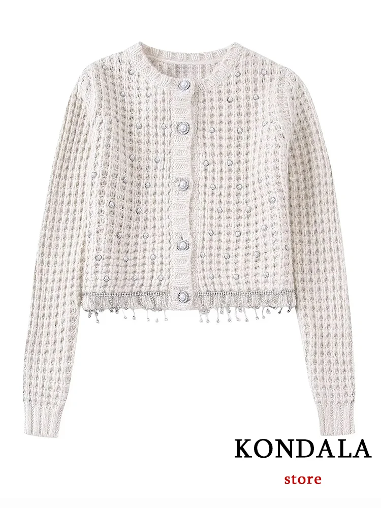 KONDALA Vintage Knitted Diamond Tassel Cardigans Women Long Sleeve Pearl Buttons Loose Sweaters Female Fashion 2022 Autumn Tops