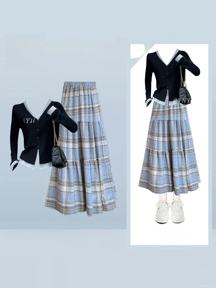 Feminino malha v-ne ort sve camisola e saia xadrez conjunto casual sle bla base irt outono faion outfit