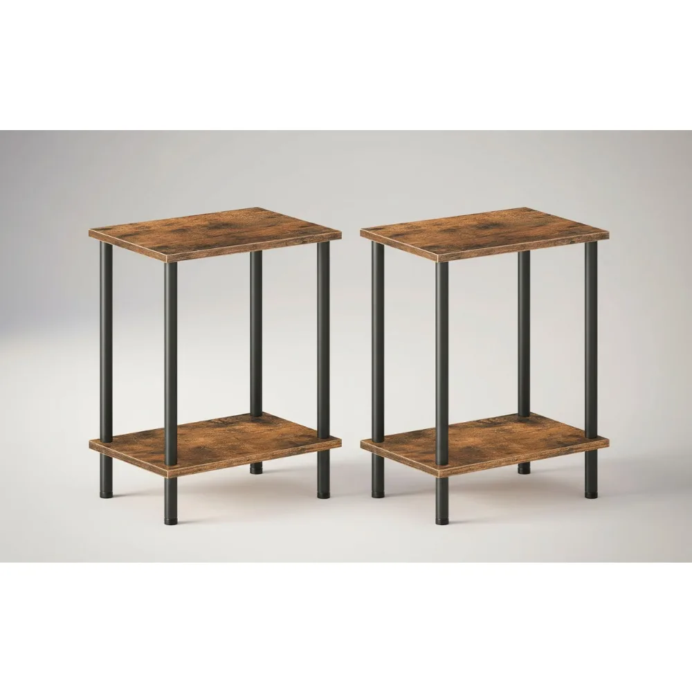 

Набор из 2 небольших приставных столиков с 2-слойными полками для хранения, коричневая тумбочка в деревенском стиле для гостиной, спальни, простая сборка